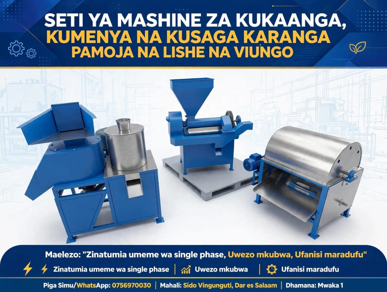 Seti ya Mashine za Kukaanga, Kumenya na Kusaga Karanga Pamoja na Lishe na Viungo (Complete 3-in-1 Processing Line)